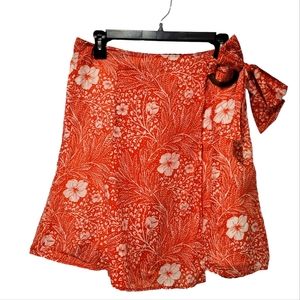 ANN TAYLOR Women Skirt 100% Cotton White & Orange Faux Wrap A-Line